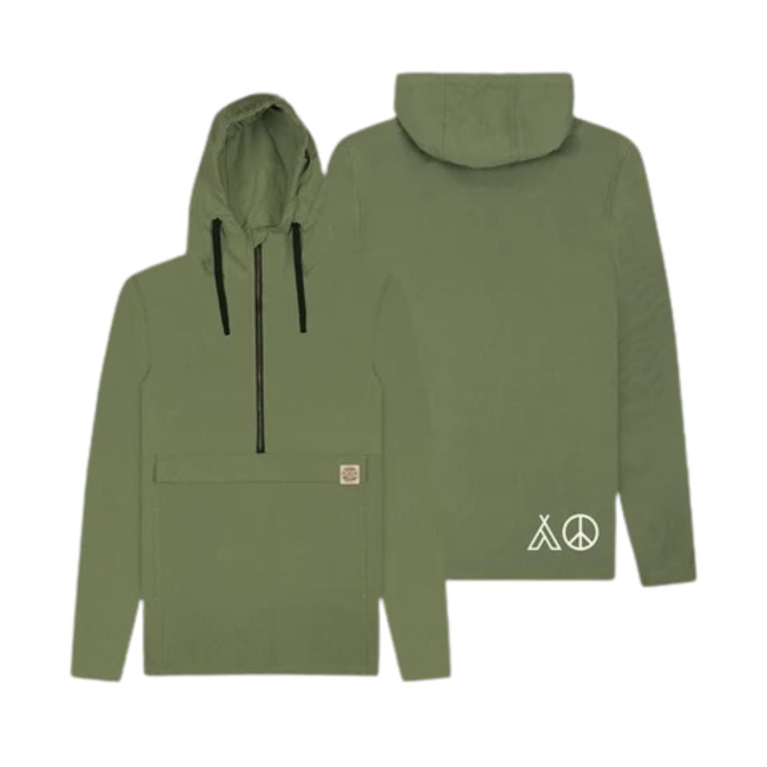 The Camp Bestival Smock Jacket Khaki by Camp Bestival is shown front and back, featuring a large zippered front pocket, black drawstrings, and white camp and peace symbols near the back hem.