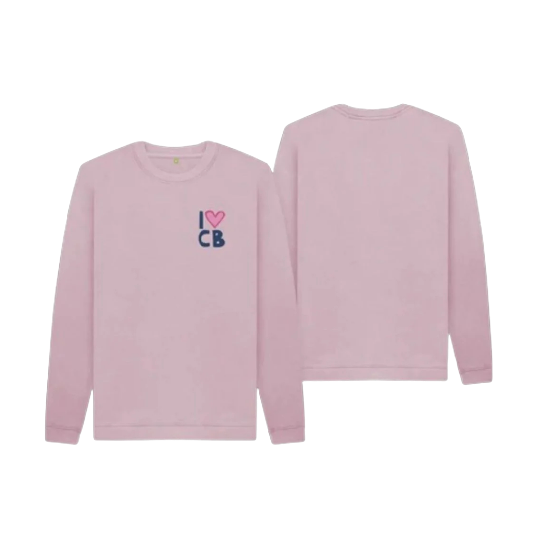 The Mauve I Heart CB Kids Sweatshirt by Camp Bestival is shown from front and back. The front has a small blue and pink "I ♥ CB" graphic on the left chest, while the back is plain.