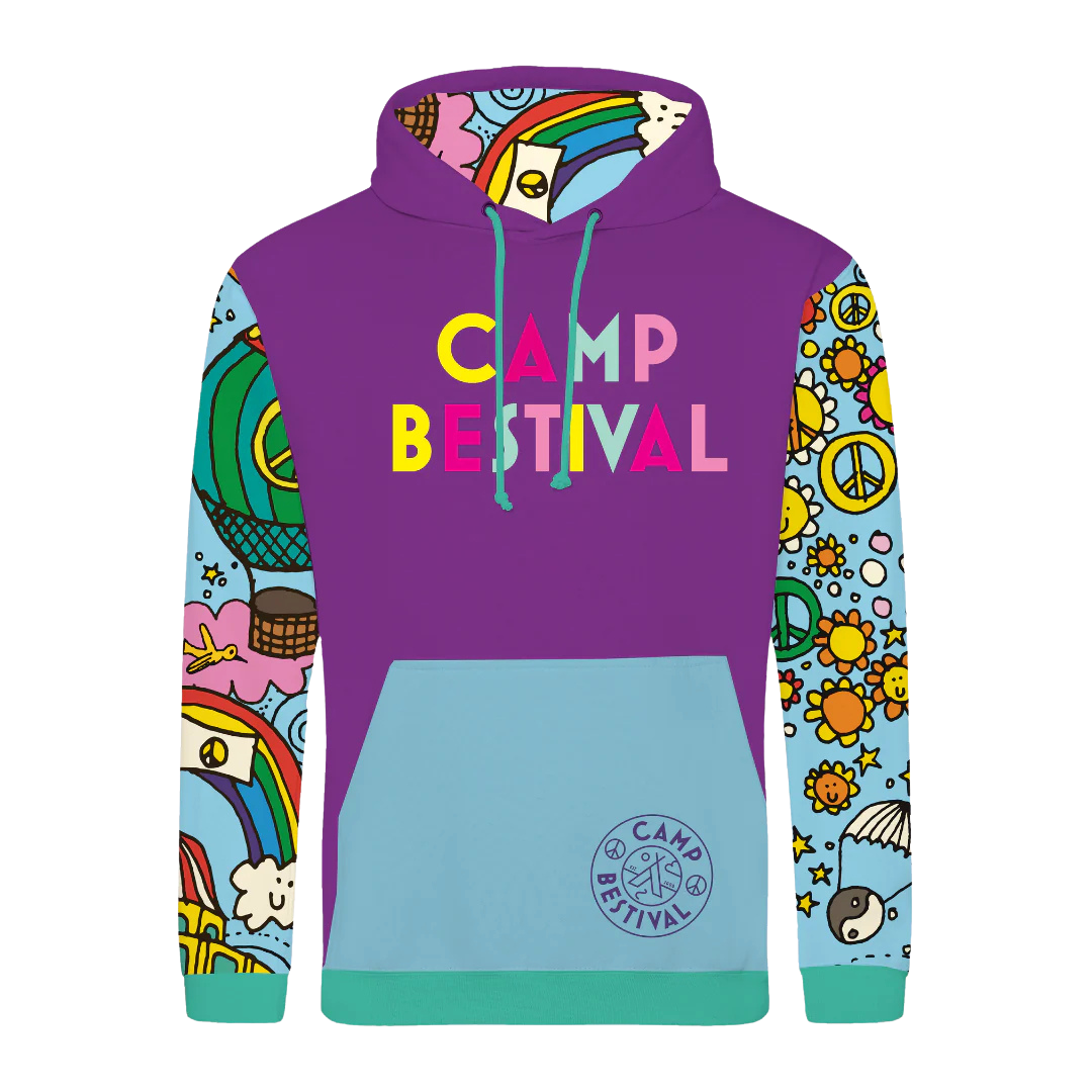 The Purple Bespoke Kids Hoodie by Camp Bestival features bold branding, a purple chest, blue pocket, sleeves with fun doodles like rainbows and peace signs, plus a matching vibrant hood and teal drawstrings.