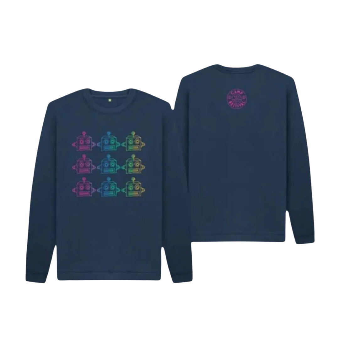 The Camp Bestival Navy Blue Lovebot Head Sweatshirt features nine colorful robot heads in a grid on the front and a small circular Camp Bestival logo near the back neckline—ideal for fans of unique graphic sweatshirts.
