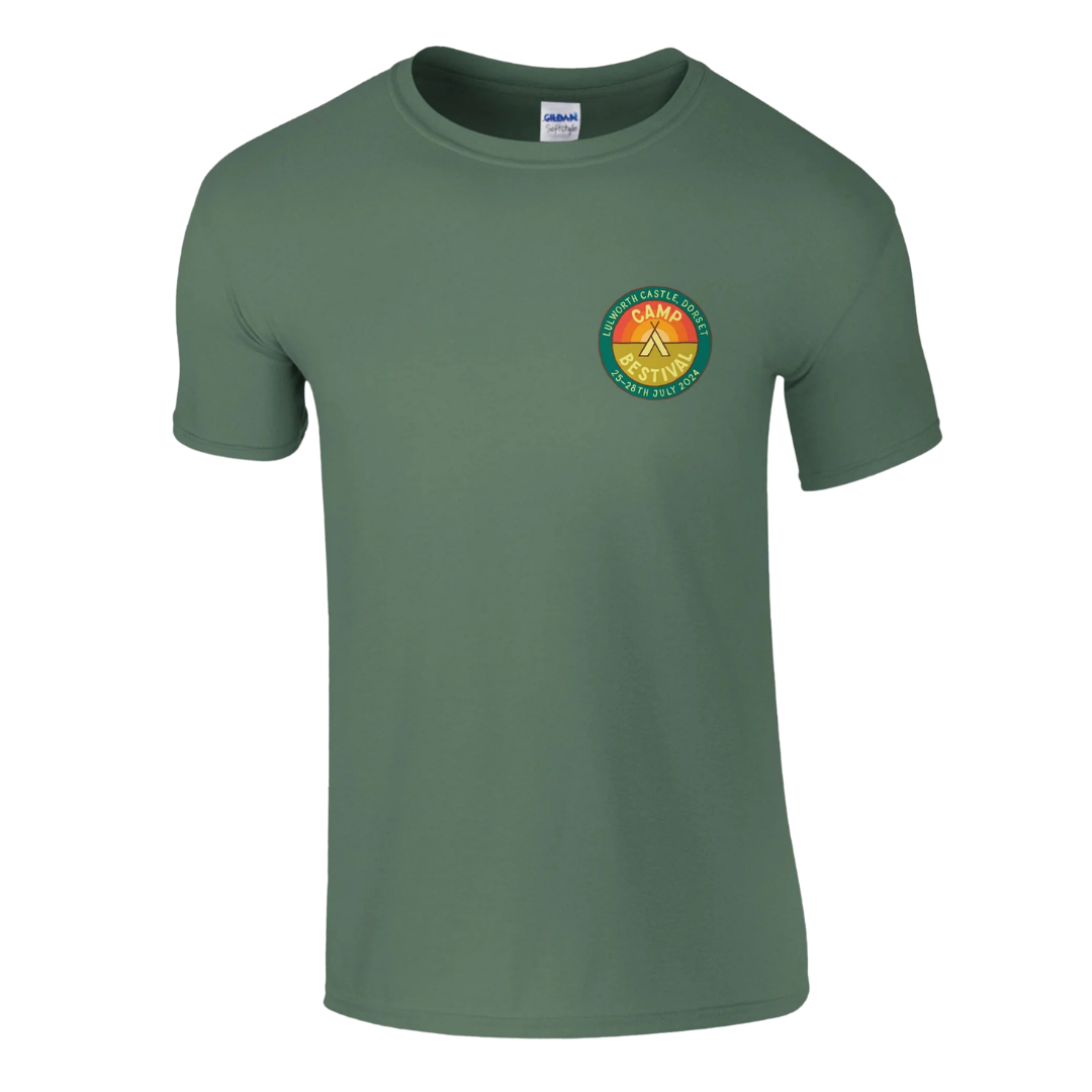 The Camp Bestival 2024 Dorset Event Tee by Camp Bestival is a green, preshrunk ringspun cotton t-shirt with a small round logo—sun, trees, and "Camp Creators"—on the left chest. Durable and comfortable, it's shown on a plain background.