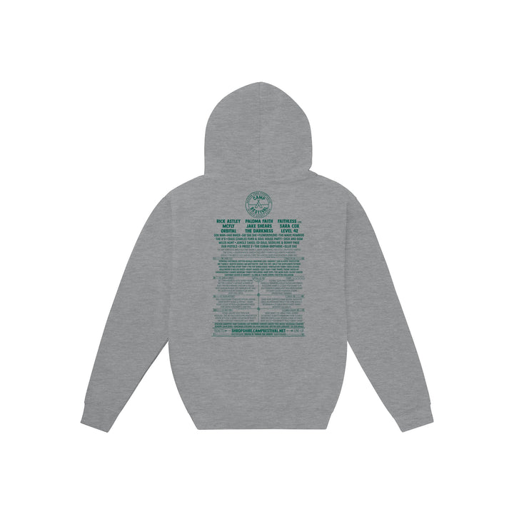 The Camp Bestival 2024 Shropshire Event Pullover Hoodie by Camp Bestival is a gray, ringspun cotton hoodie with green text and graphics on the back, including multi-line text in various sizes and a circular design at the top center.