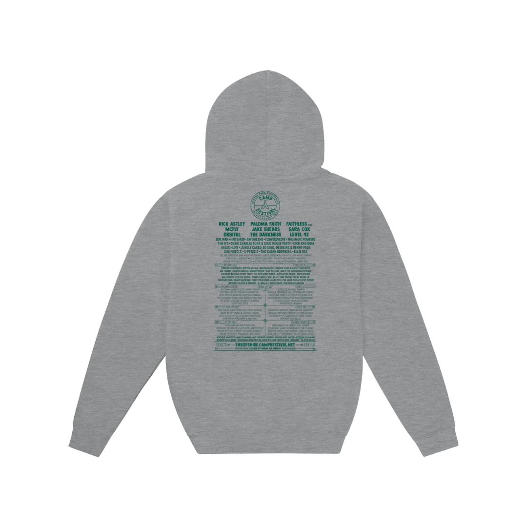 The Camp Bestival 2024 Shropshire Event Pullover Hoodie by Camp Bestival is a gray unisex hoodie, shown flat from the back, with teal event-inspired text and graphics on soft ringspun cotton, featuring a circular logo at the top.