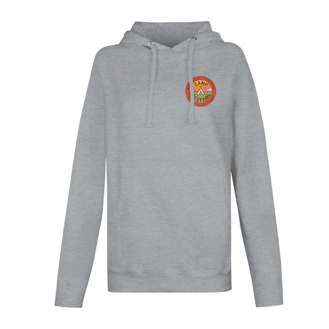 The Camp Bestival 2024 Shropshire Event Pullover Hoodie by Camp Bestival is a light gray unisex hoodie with a drawstring and a small round red and yellow Camp Activities patch on the left chest, made from soft ringspun cotton for comfort.