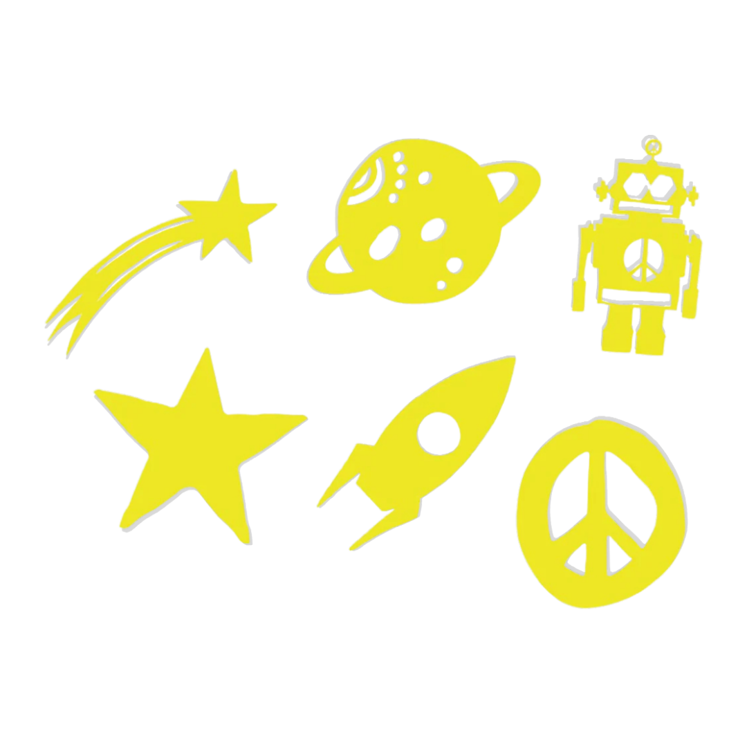 The Camp Bestival Glow In The Dark Planets features yellow silhouettes of a shooting star, ringed planet, robot, star, rocket, and peace symbol on a plain light gray background.