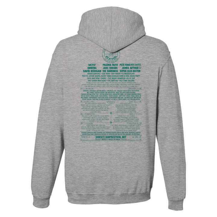 The Camp Bestival 2024 Dorset Event Pullover Hoodie by Camp Bestival is a gray unisex cotton hoodie featuring teal back graphics with artist lineup, event info, and website, styled like a concert poster.