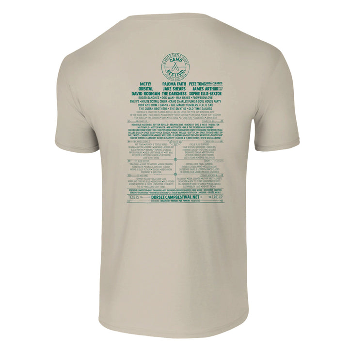 Back view of the Camp Bestival 2024 Dorset Event T-Shirt by Camp Bestival, with teal lineup-style text and graphics featuring performer names and festival details. Made from preshrunk cotton for softness.