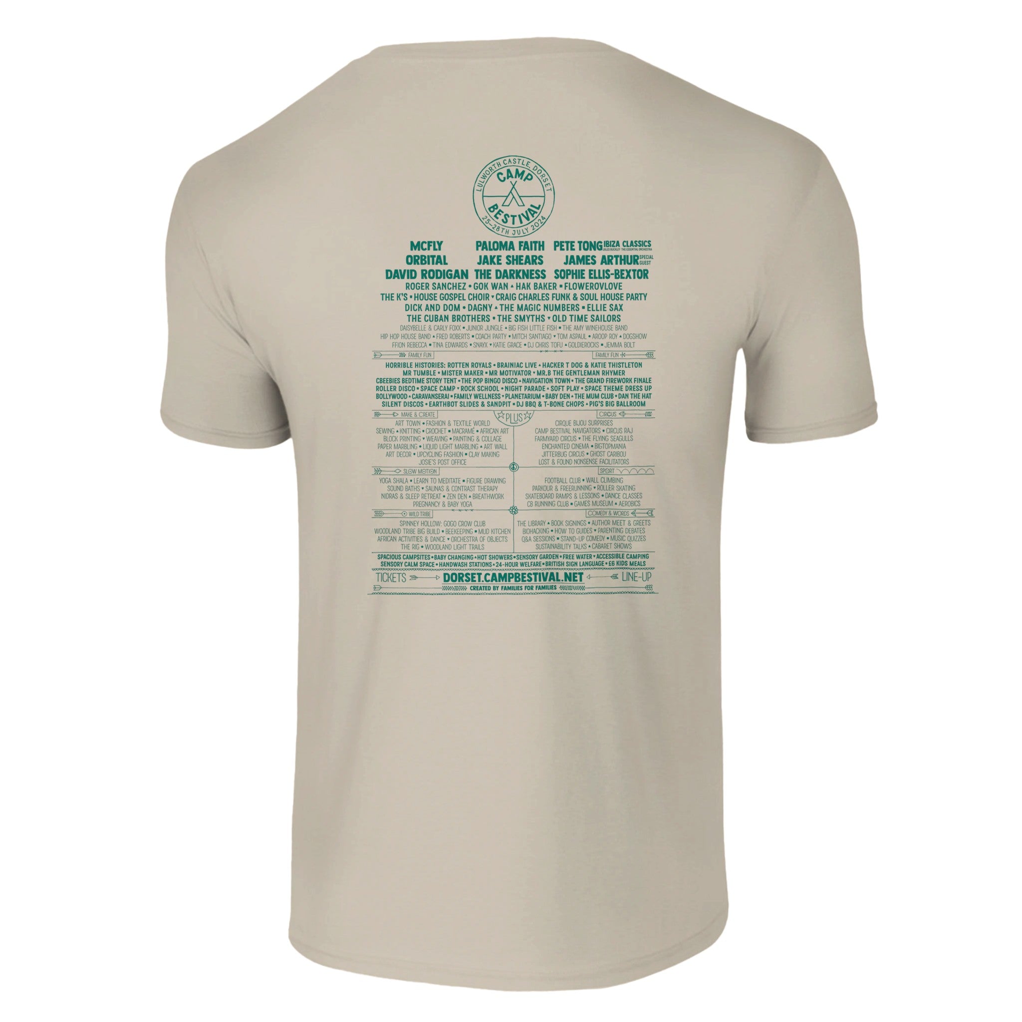 The Camp Bestival 2024 Dorset Event Tee by Camp Bestival is a beige sand T-shirt shown from the back, with the festival logo at the top and a large teal event list down the center. Made to order with preshrunk ringspun cotton for comfort.