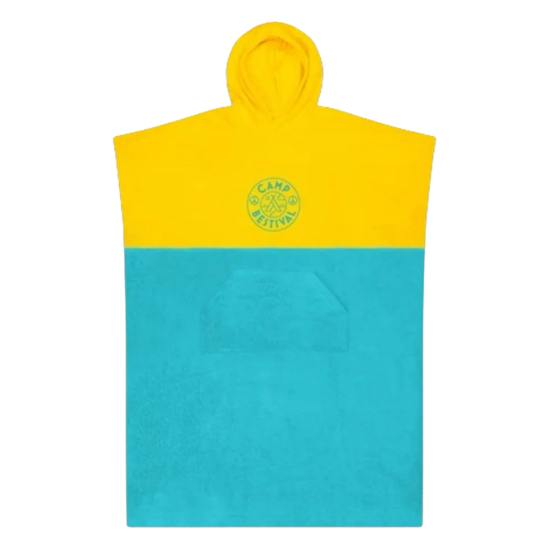 The Camp Bestival Yellow and Teal Kids Surf Towel features a yellow hood and top, a teal bottom, a round Camp Bestival logo on the chest, and a front pocket for essentials.