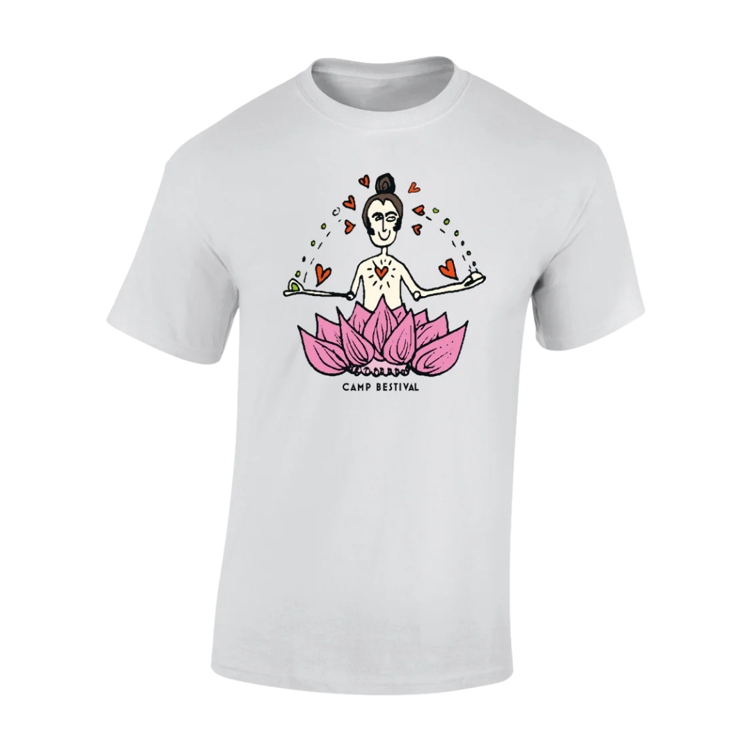 Grey Yoga Kids T-Shirt by Camp Bestival featuring an illustrated person sitting on a large pink lotus flower, surrounded by hearts and musical notes, with "CAMP BESTIVAL" text below the design.