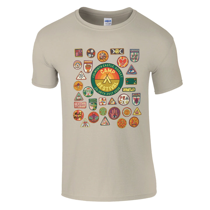 The Camp Bestival 2024 Dorset Event T-Shirt by Camp Bestival features colorful vintage-style badges and a large central logo on soft, preshrunk cotton for comfort and durability.