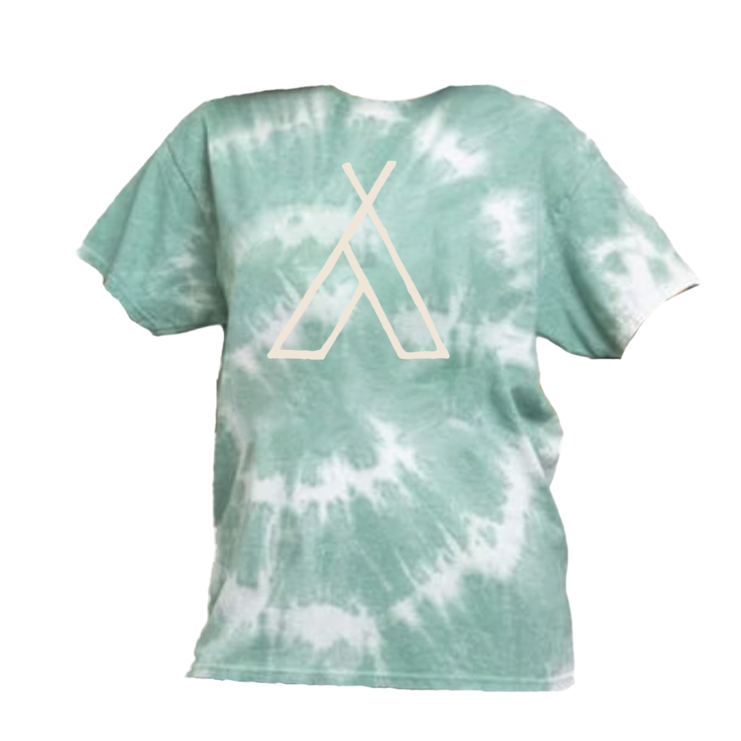 The Camp Bestival 2025 Tee Tie Dye Swirl by 2025 is a green and white tie-dye t-shirt featuring a minimalist geometric tent design in white on the front.