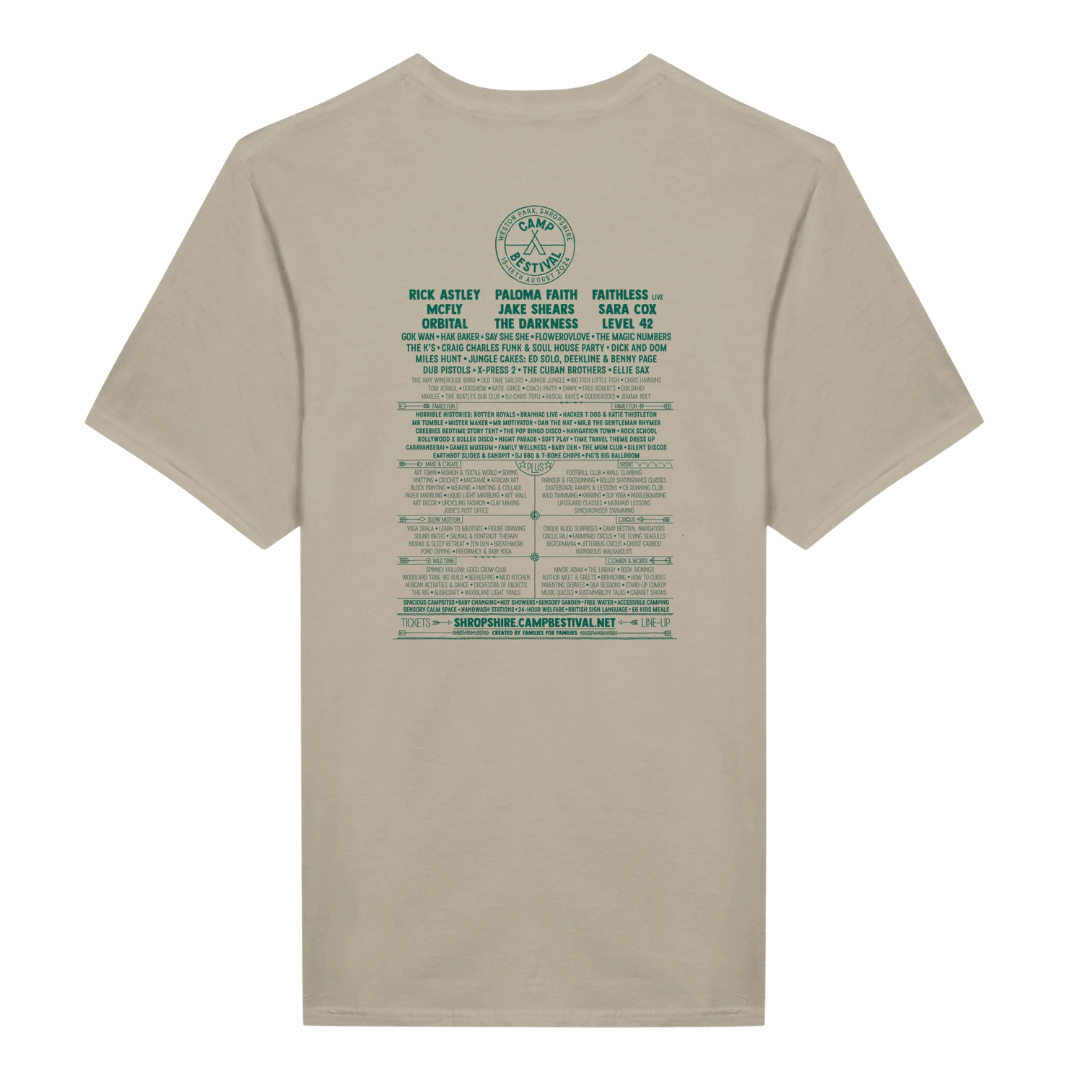 Camp Bestival 2024 Shropshire Event Tee by Camp Bestival: beige preshrunk ringspun cotton with green text on the back listing artists and event details in stacked sections, plus logos and website info at the bottom.