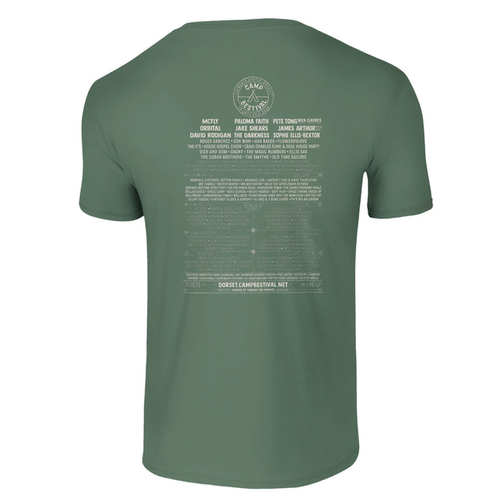 The Camp Bestival 2024 Dorset Event T-Shirt by Camp Bestival in sage green features white festival info, line-up, and website text on the back. Made from preshrunk ringspun cotton for lasting comfort and durability.