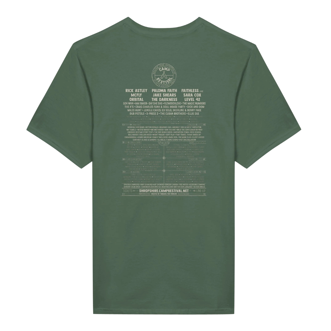 The Camp Bestival 2024 Shropshire Event Tee by Camp Bestival is a green ringspun cotton t-shirt with a circular Camp Bestival logo near the top back and the festival's artist lineup and event details printed in white below.