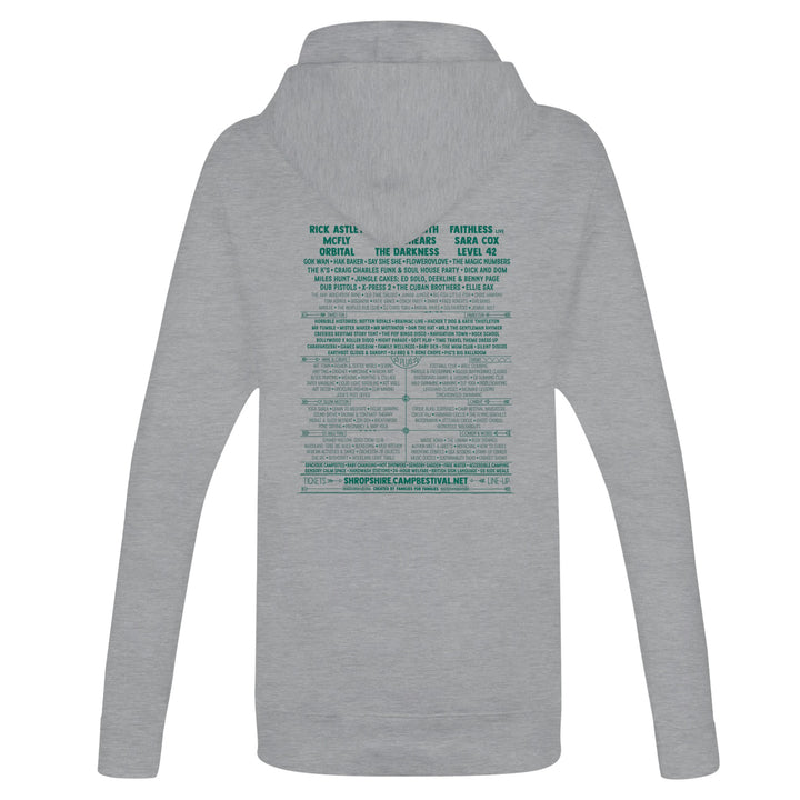 The Camp Bestival 2024 Shropshire Event Pullover Hoodie by Camp Bestival is a light gray unisex sweatshirt with teal festival and artist details on the back, made from ringspun cotton in a design inspired by concert lineup posters.