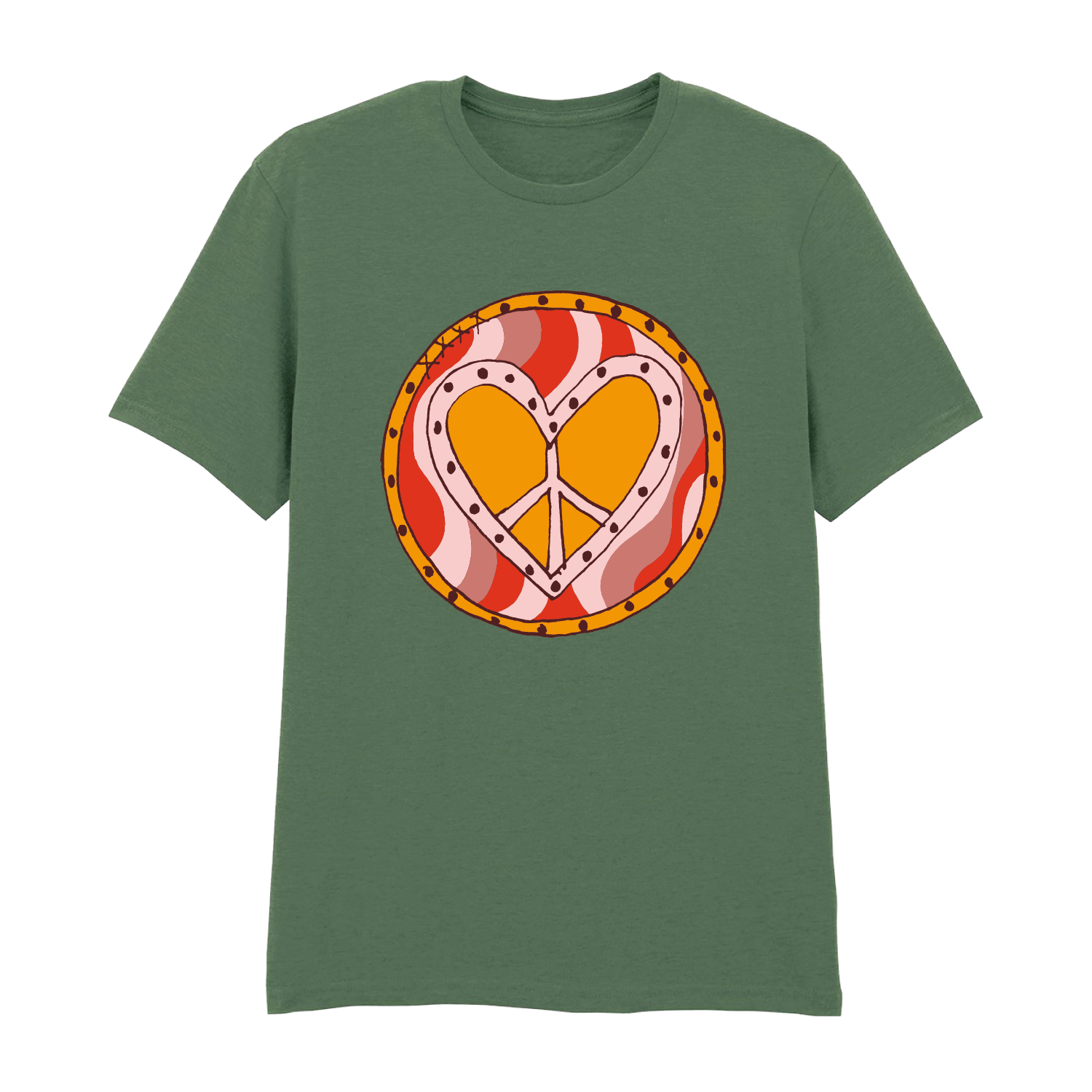 The Camp Bestival Tee Peace/Heart by 2025 is a green t-shirt with a circular heart-shaped peace symbol in the center, highlighted by wavy orange and pink patterns.