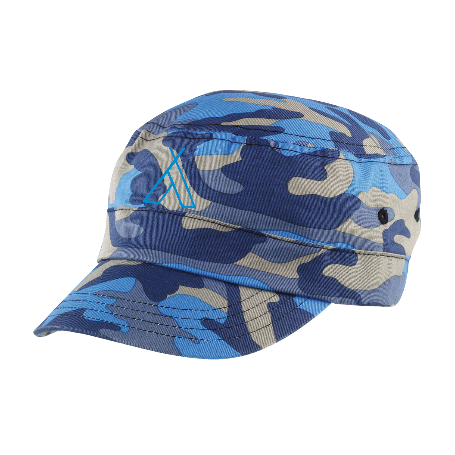 The 2025 Camp Bestival Army Cap Blue Camo features a blue and gray camouflage pattern with a small blue logo on the front side panel.