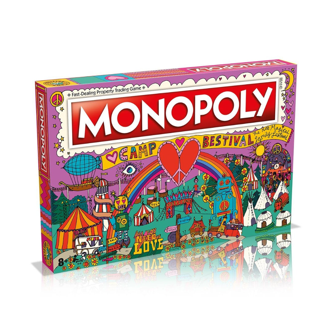 Camp Bestival Monopoly by Camp Bestival features a vibrant purple box with tents, ferris wheels, rainbows, and peace signs—a limited-edition game that captures the festival’s magical spirit.