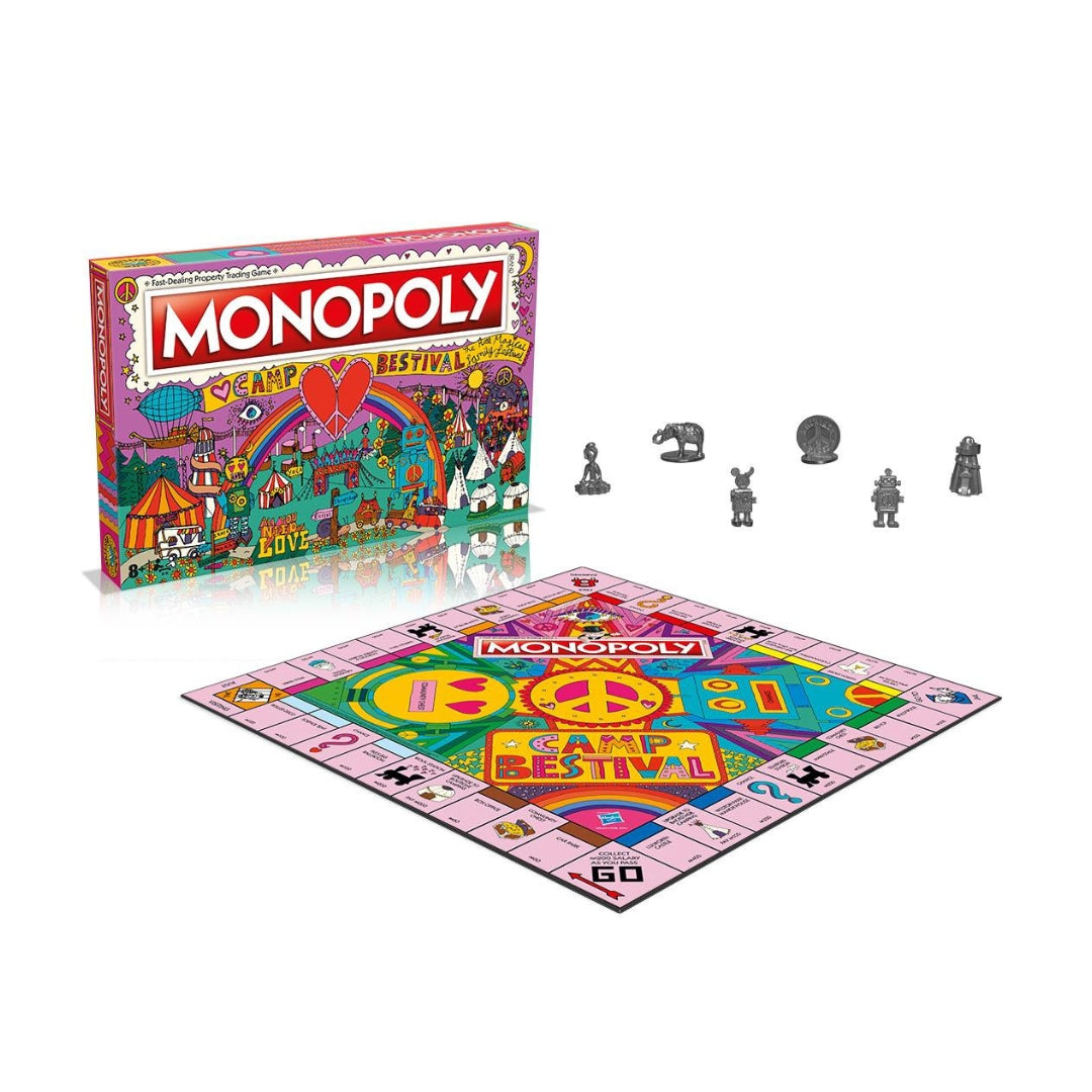 Celebrate festival fun with Camp Bestival Monopoly by Camp Bestival—a limited-edition game featuring a vibrant box, exclusive tokens, and a pink board with festival, peace, tent, ferris wheel, and music-themed artwork.