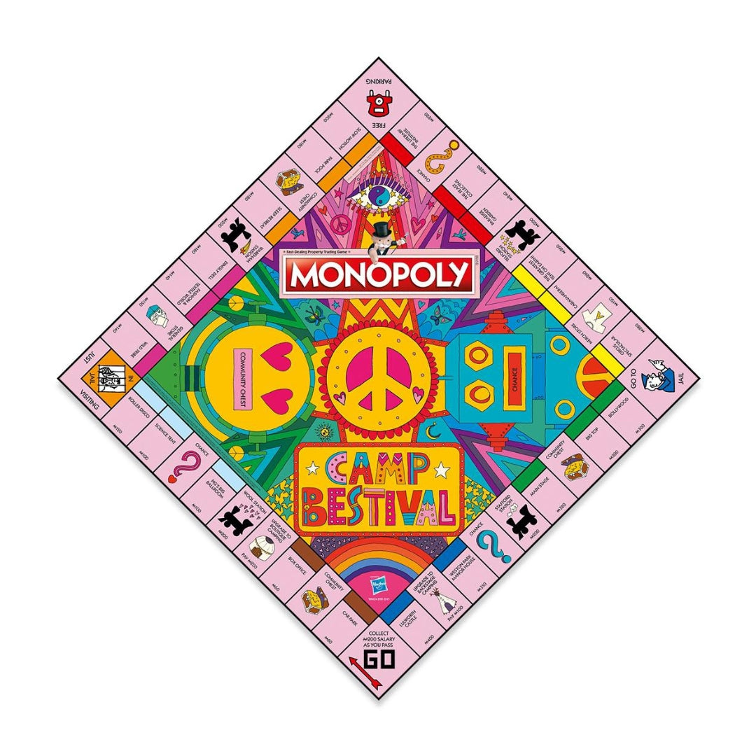 The limited-edition Camp Bestival Monopoly by Camp Bestival features a colorful square board with vibrant psychedelic designs, a large peace sign, festival-themed icons, and classic Monopoly spaces around the edges.