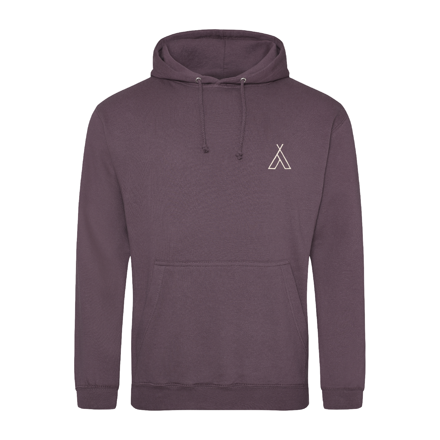 The Camp Bestival 2025 Hoodie Wild Mulberry by 2025 features a plain mauve design with front pocket, drawstring hood, and a small white tent logo on the left chest. Displayed on a white background.