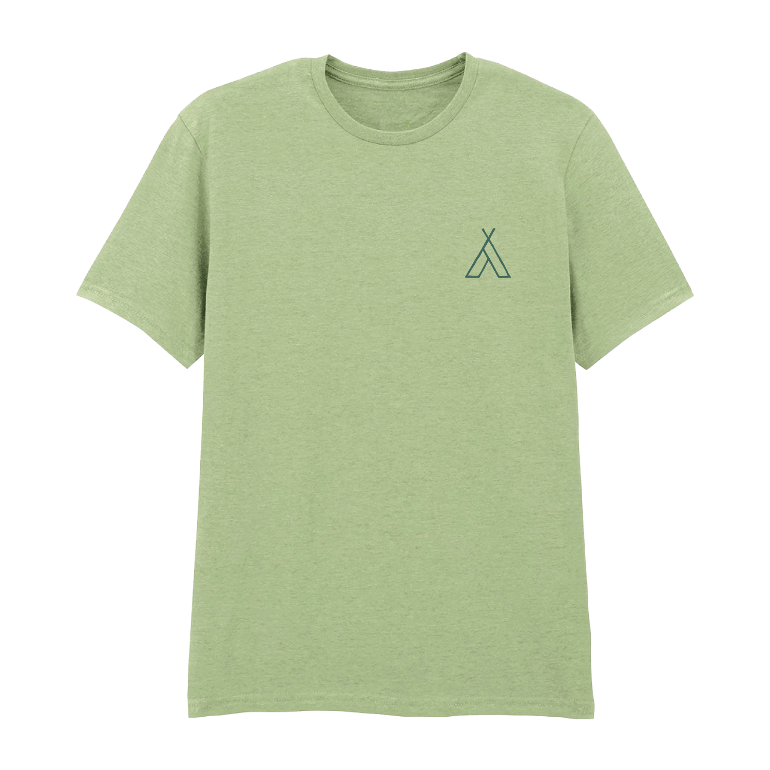 The Camp Bestival 2025 Tee in pistachio green by 2025 features a small dark green geometric tent logo on the upper left front and is shown against a plain white background.