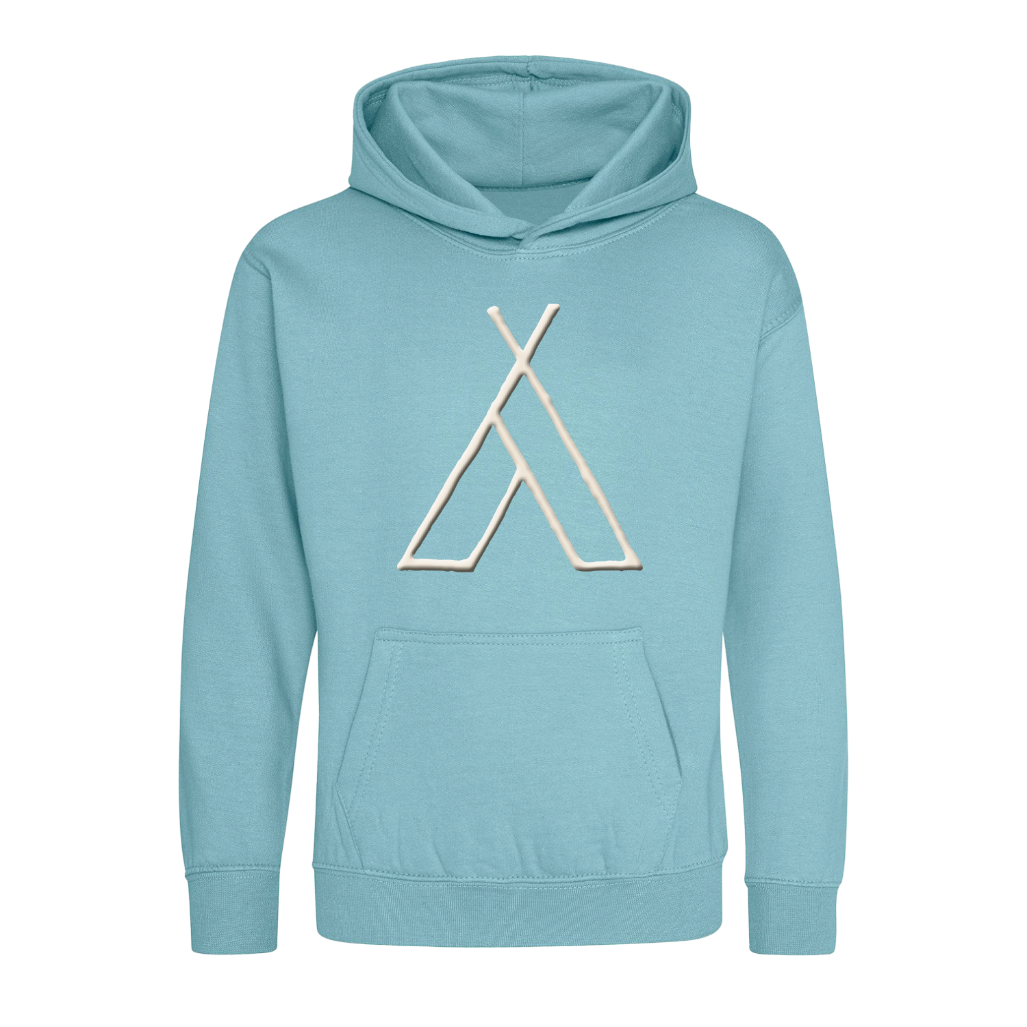 The Camp Bestival 2025 Kids Hoodie Puff Print Blue/Sea Foam by 2025 features a light blue hood, front pocket, and a minimalist geometric design in beige and white lines on the chest.