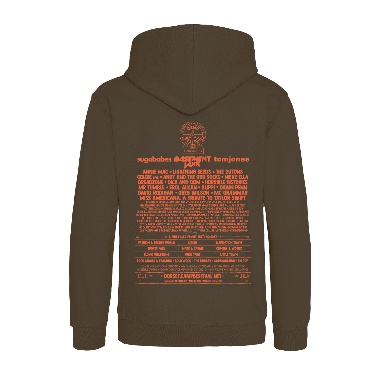 The Camp Bestival 2025 Kids Hoodie in dark olive green features the 2025 festival lineup and details printed on the back in orange text.
