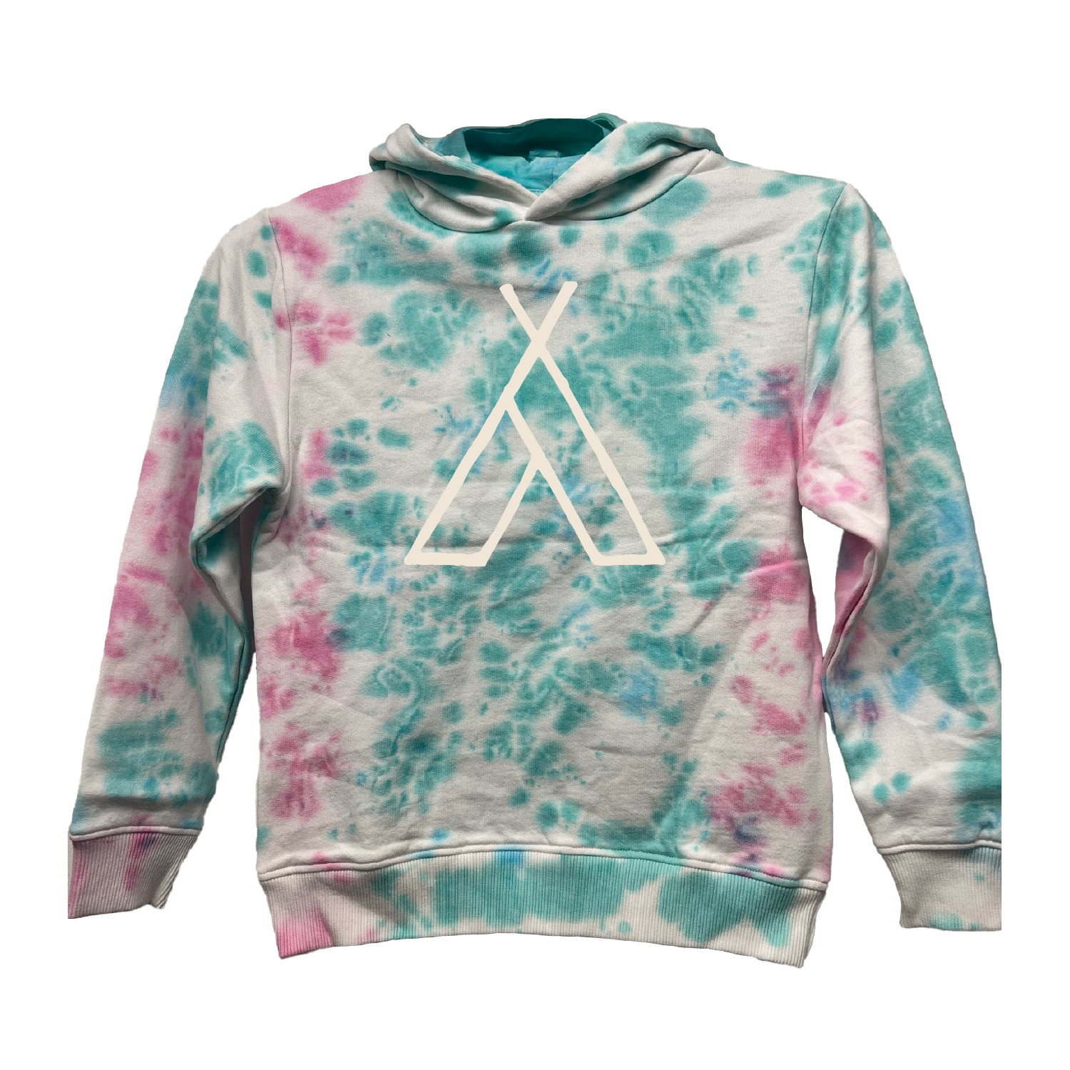 The Camp Bestival 2025 Kids Hoodie by 2025 features blue and pink tie-dye with a minimalist white geometric design of two overlapping triangles on the front.