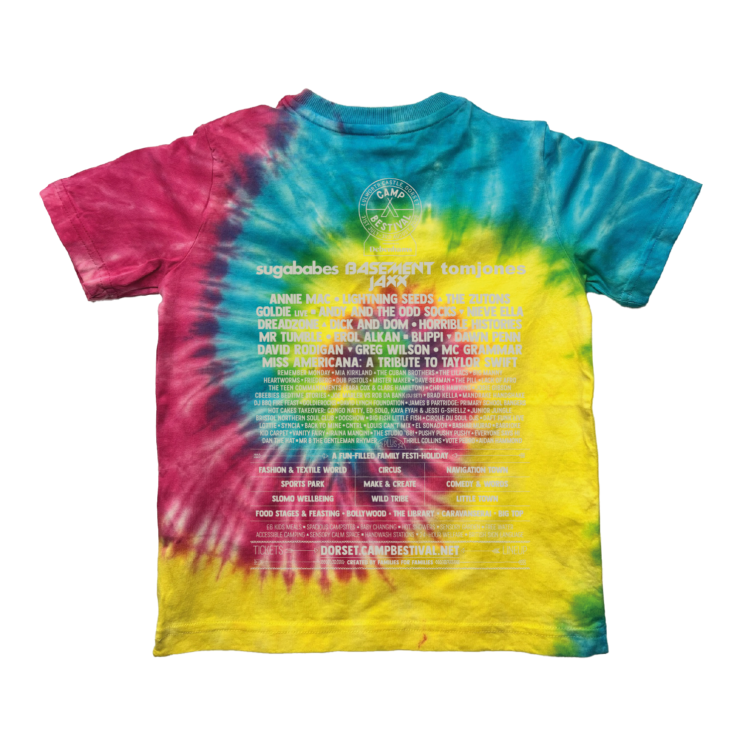 The Camp Bestival 2025 Kids Tee Tie Dye Rainbow by 2025 features a pink, blue, and yellow tie-dye design with white festival lineup text and band listings on the back beneath a circular top logo.