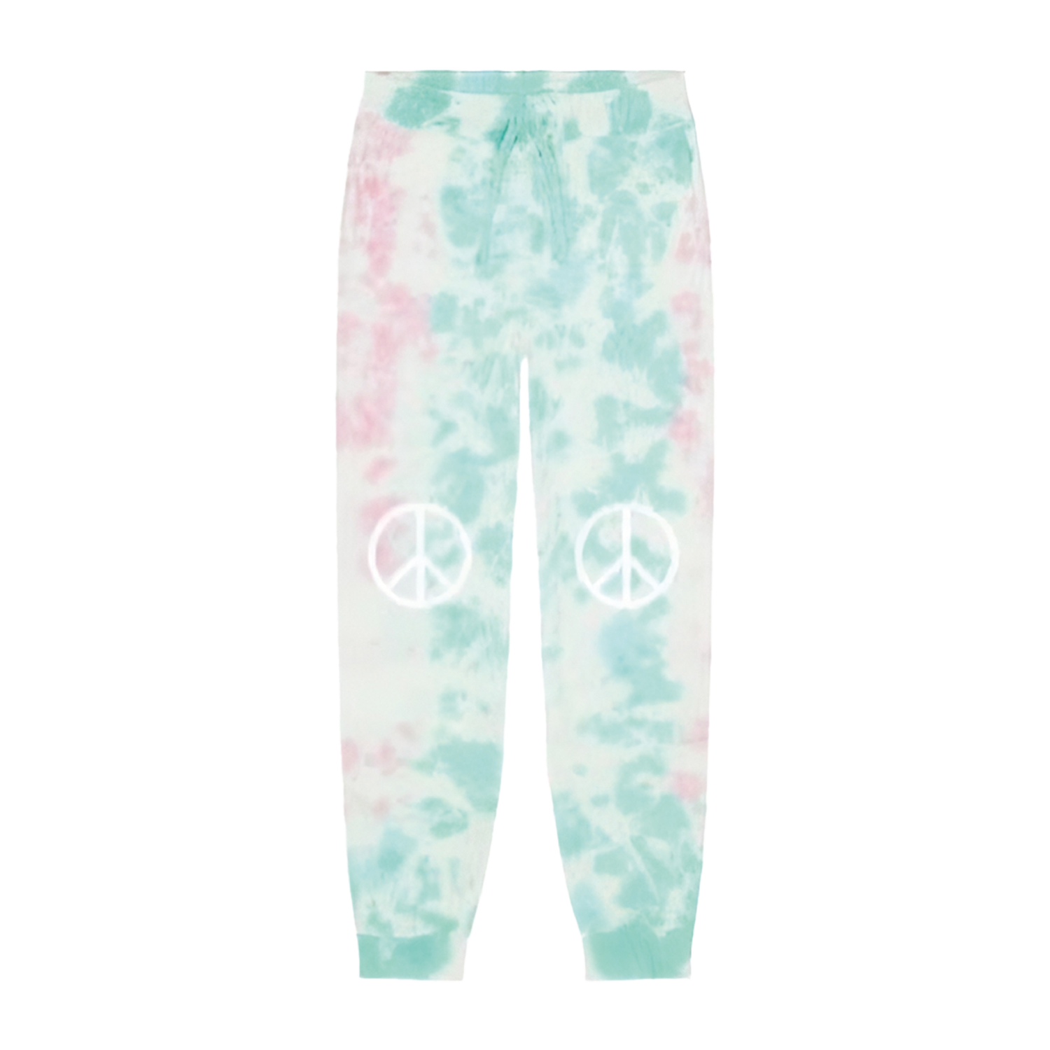 The Camp Bestival Joggers by 2025 are pastel tie-dye sweatpants in light blue, pink, and white, featuring white peace symbol graphics on each knee.