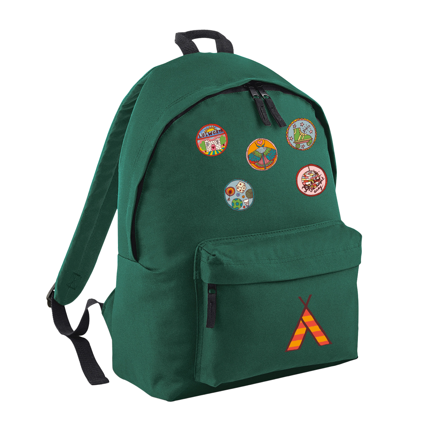 The Camp Bestival Junior Backpack by 2025 features a green design with five colorful scout badges on the front, a small red-and-yellow tent logo on the pocket, and black straps and zippers.