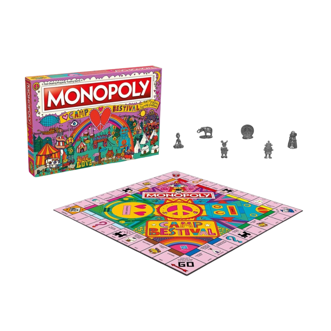 Camp Bestival Monopoly by Camp Bestival is a limited-edition board game with a vibrant box, unique metal tokens, and a festival-themed board adorned with peace symbols.