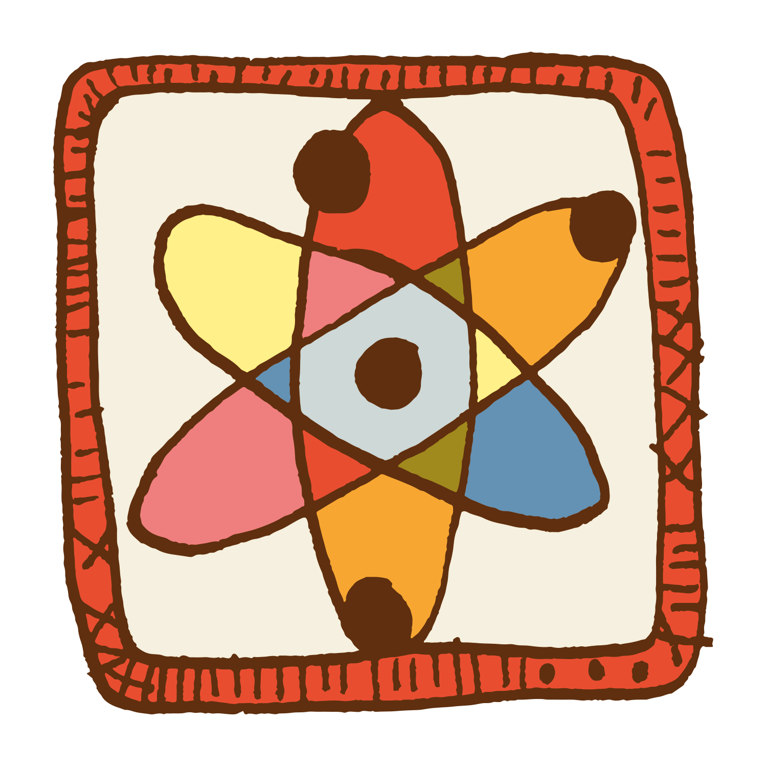 PATCH 20 (Atom) by Camp Bestival features a hand-drawn, colorful atom with four multicolored loops and black dots, set in a red patterned square on cream—ideal for science-themed SEO keywords.