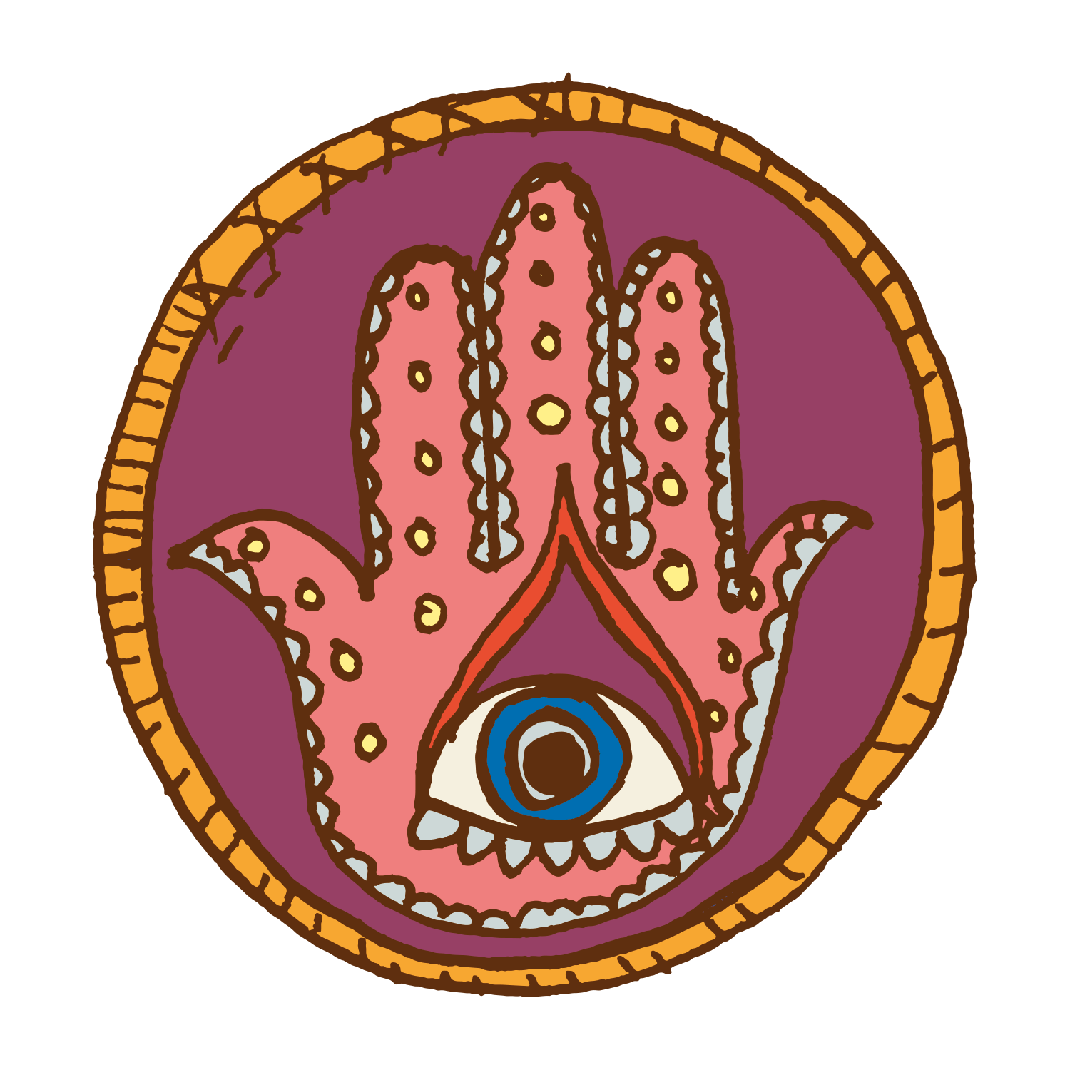 PATCH 18 (Hand Eye) by Camp Bestival features a decorative, symbolic pink hand of Fatima with an eye in its palm, outlined in orange on a purple circular background with a yellow border.