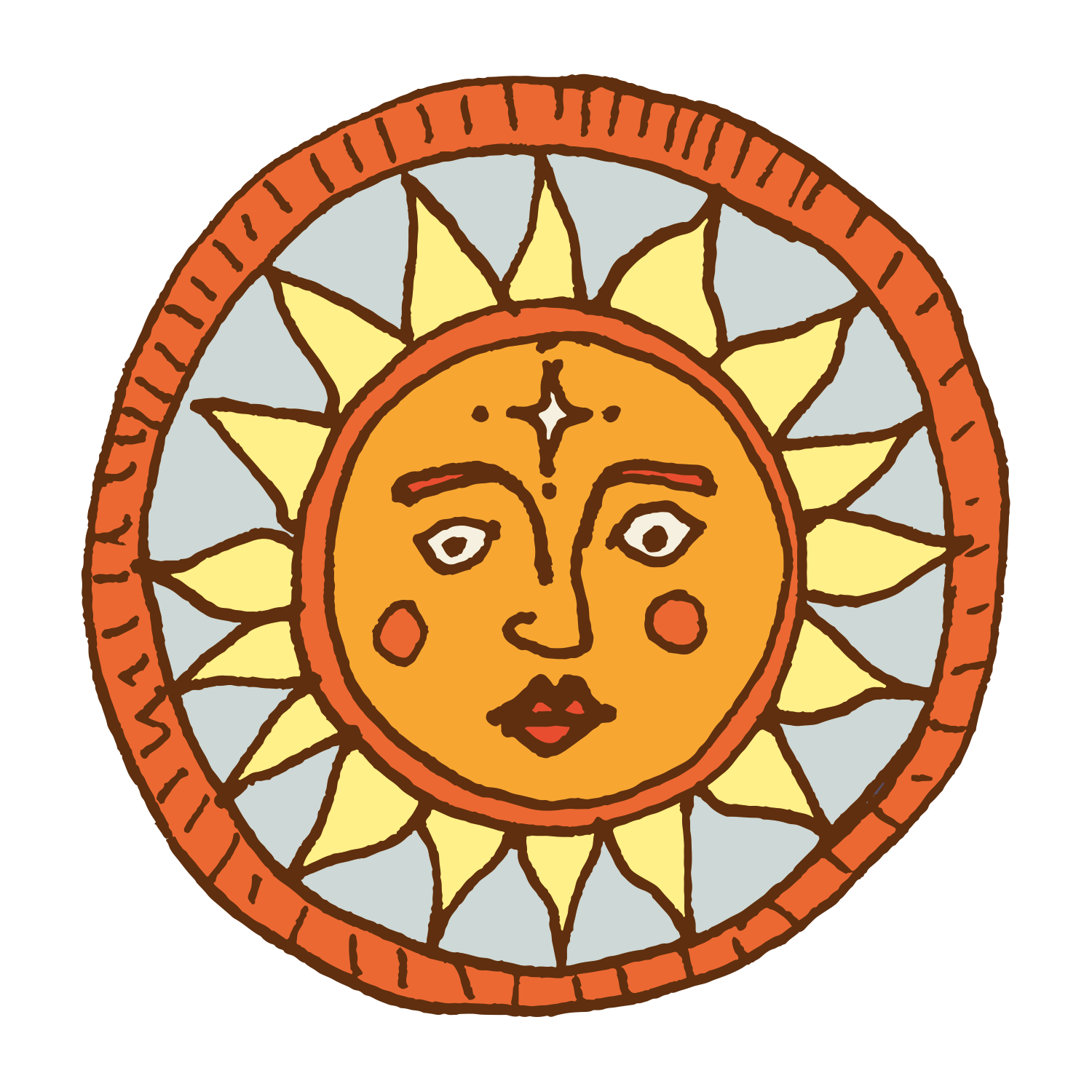 PATCH 19 (Sun Face) by Camp Bestival features a colorful sun with yellow rays, red cheeks, dark lips, and an orange-blue border—ideal for vibrant home decor or unique wall art.