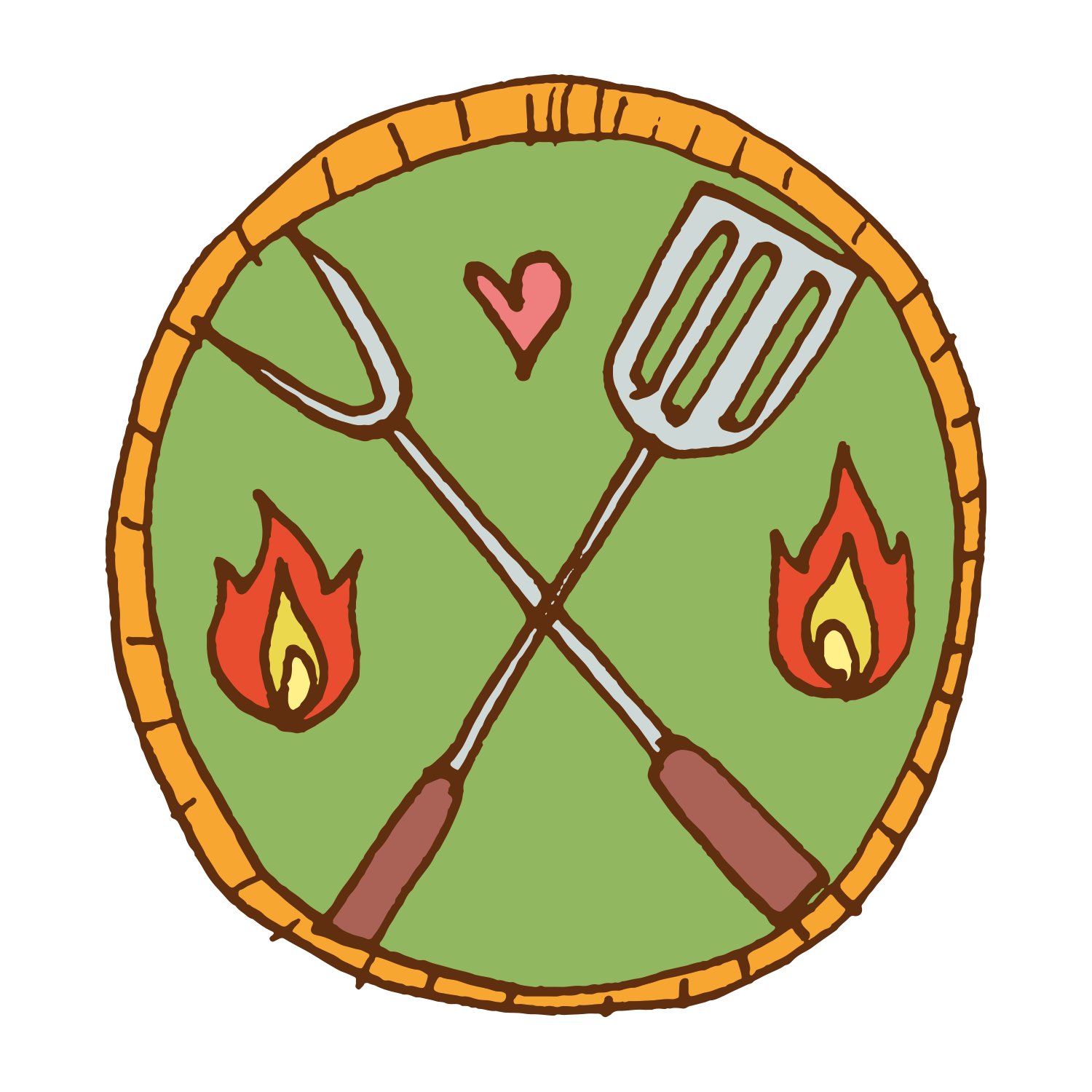 PATCH 14 (Cook Fire) by Camp Bestival features a circular green badge with brown-handled grill fork and spatula crossed at the center, a small heart above, two flames on the sides, and an orange border—ideal for BBQ fans.