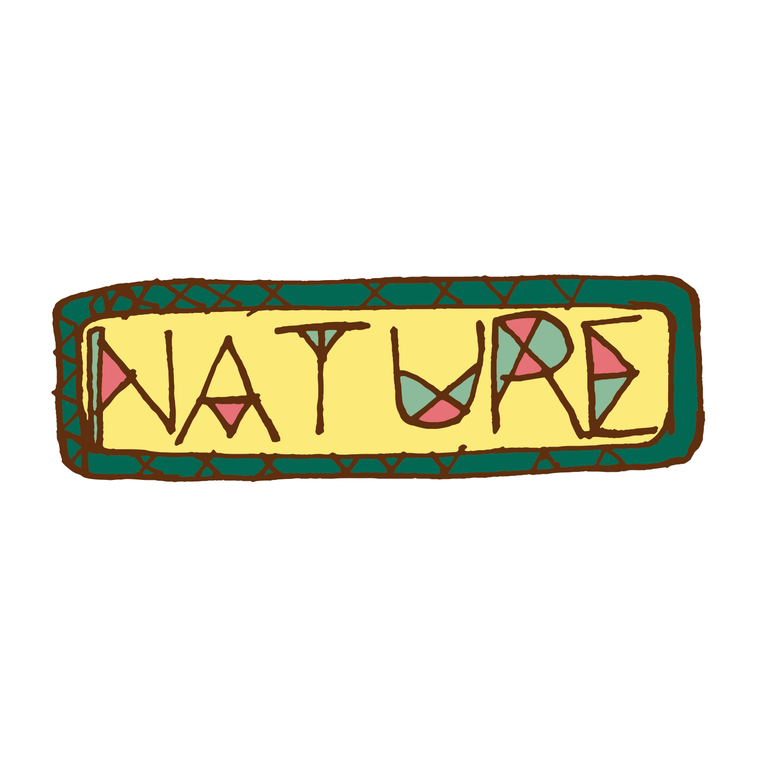 PATCH 13 (Nature) by Camp Bestival features a hand-drawn NATURE in brown, stylized letters on a yellow background with green and brown borders. Some letters include pink and green details.