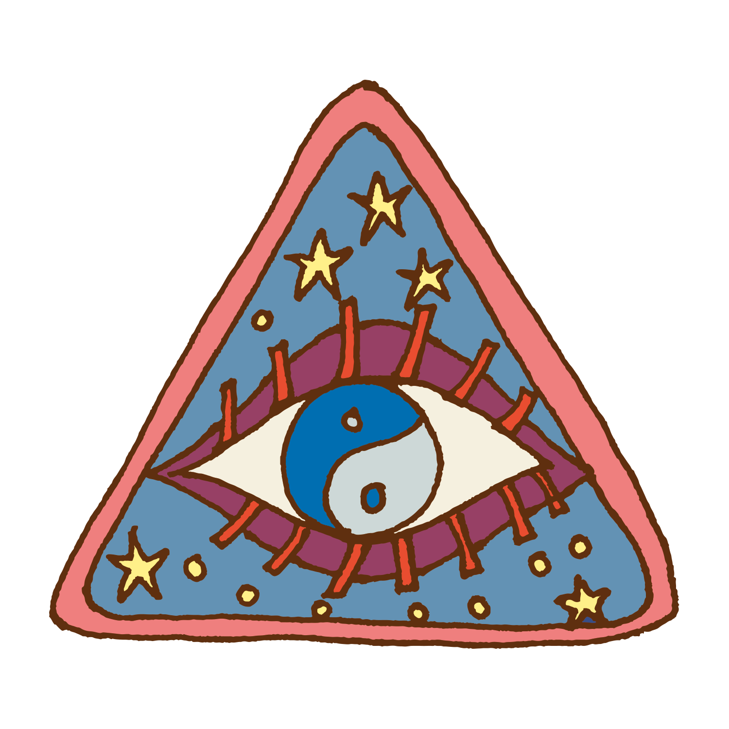 PATCH 5 (Ying-Yang) by Camp Bestival features a hand-drawn pink-outlined triangle with a blue interior, decorated with yellow stars and dots. At the center is an eye whose iris forms a yin-yang symbol.