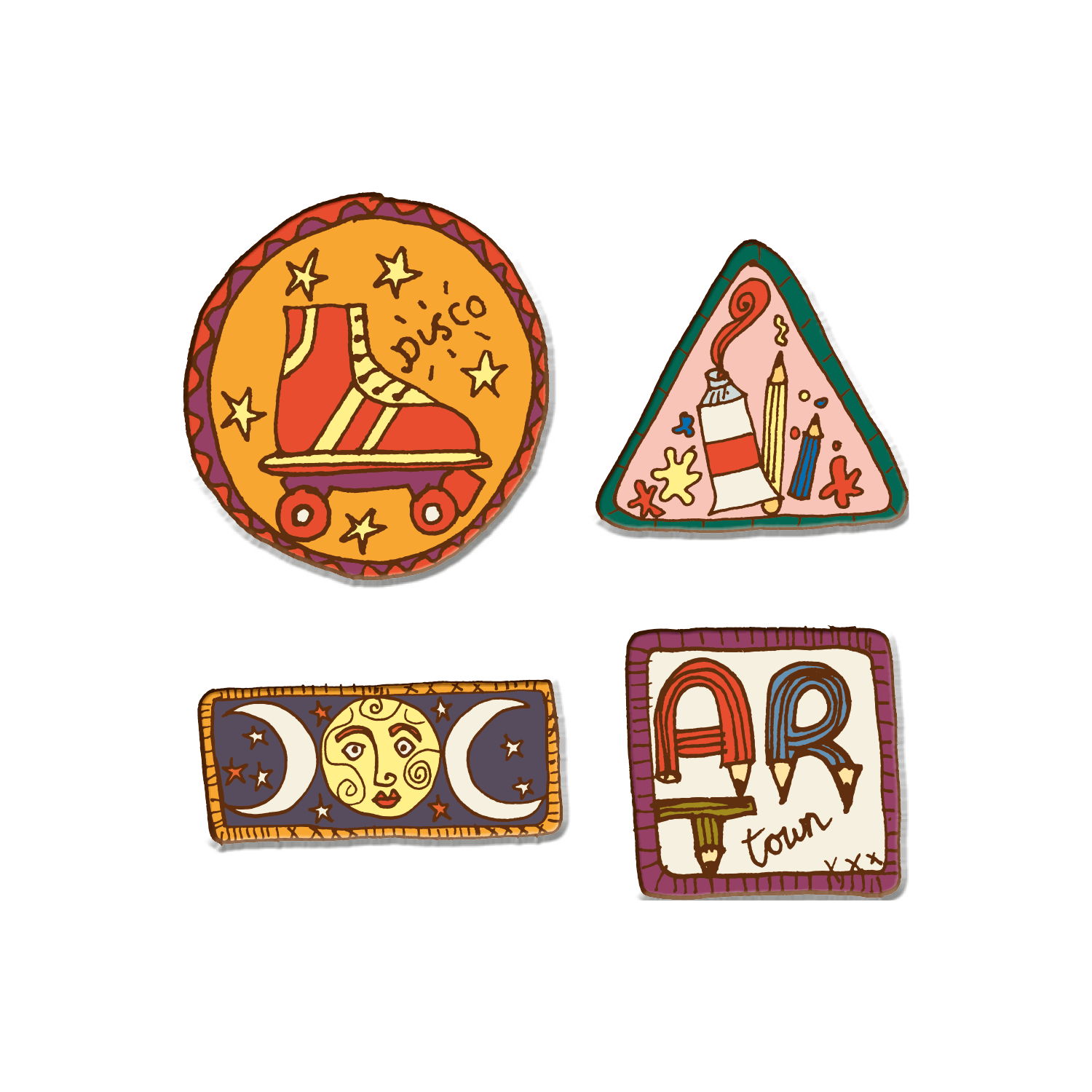 Camp Bestival’s BADGE SET 1 (Roller Skate) features four vibrant badges: a round “Disco” skate, art supplies triangle, sun & moons rectangle, and a rainbow “ART tour” square—ideal for adding playful style to your collection.