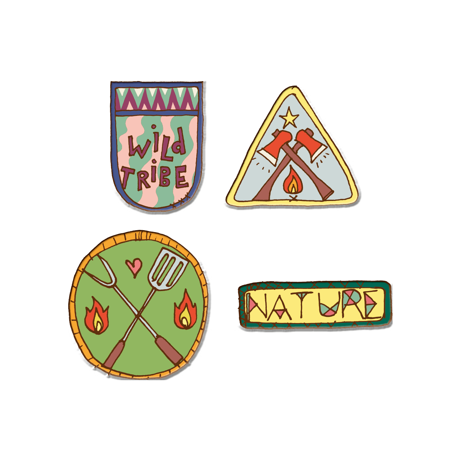 The Camp Bestival BADGE SET 2 (Wild Tribe) includes four vibrant scout-style patches—Wild Tribe text, crossed axes with stars, roasting sticks with campfires, and a nature patch—perfect for outdoor adventures or your scouting collection.