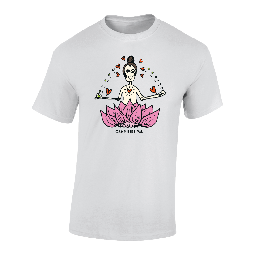 Grey Yoga Kids T-Shirt by Camp Bestival featuring a meditating figure above a pink lotus flower, surrounded by floating hearts and dots, with the Camp Bestival logo below—ideal for festival vibes.