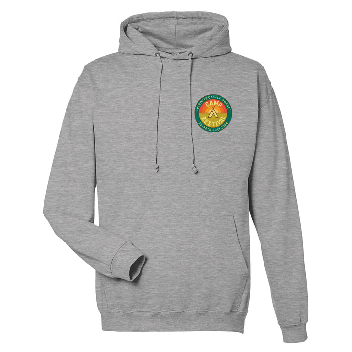 The Camp Bestival 2024 Dorset Event Pullover Hoodie by Camp Bestival is a light gray unisex cotton hoodie with a round, multicolored camp-themed Camp Adventure logo on the chest, front pocket, and drawstrings.