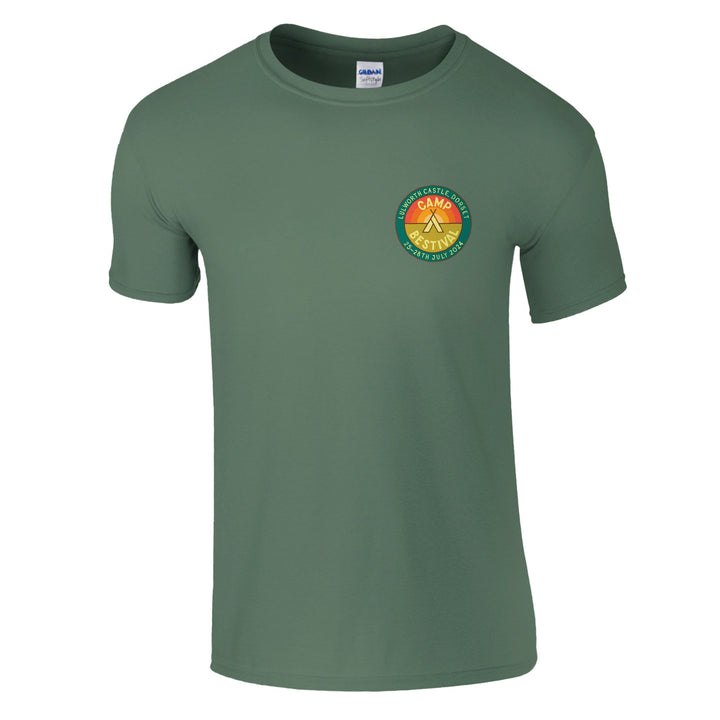 The Camp Bestival 2024 Dorset Event T-Shirt by Camp Bestival is a green, short-sleeve, preshrunk ringspun cotton tee featuring a small round logo with trees and colorful segments on the upper left chest.