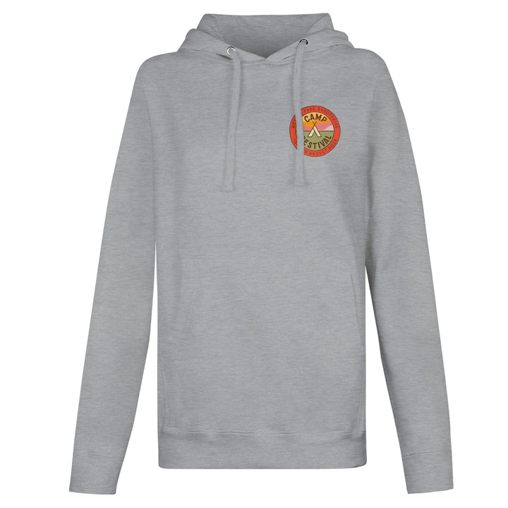 The Camp Bestival 2024 Shropshire Event Pullover Hoodie by Camp Bestival is a light gray unisex sweatshirt with a front pocket, drawstrings, and a small round logo with a tent on the left chest. Made from soft ringspun cotton for comfort.