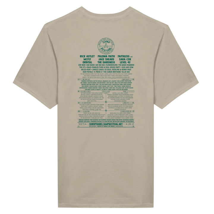 The Camp Bestival 2024 Shropshire Event T-Shirt by Camp Bestival is a beige, preshrunk ringspun cotton tee listing acts like Rick Astley and Faithless. It features event details and website in teal on the back, plus a seamless double-needle collar for comfort.