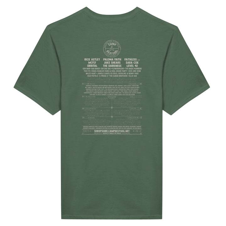 The Camp Bestival 2024 Shropshire Event T-Shirt by Camp Bestival is a made-to-order green tee in preshrunk ringspun cotton, featuring white text on the back with artist names and event details.