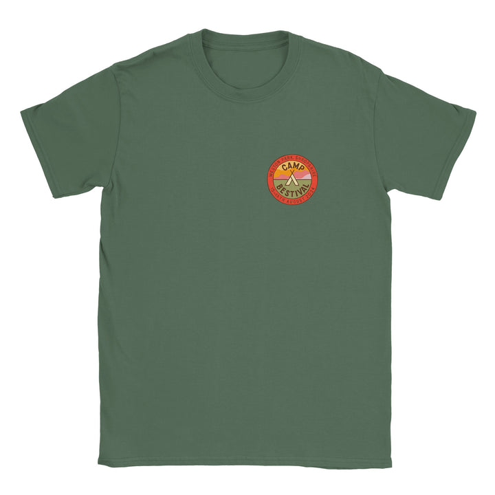 The Camp Bestival 2024 Shropshire Event T-Shirt by Camp Bestival is a green short-sleeve tee made from preshrunk ringspun cotton, featuring a small orange and yellow patch with tent and trees on the left chest.