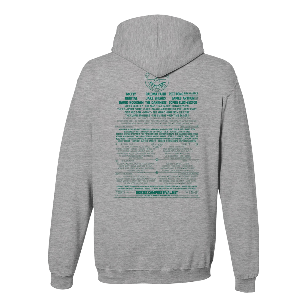 The Camp Bestival 2024 Dorset Event Pullover Hoodie by Camp Bestival is a gray, 100% cotton unisex hoodie with green back graphics featuring event details, artist names, a website URL, and a circular logo in a classic festival lineup poster style.